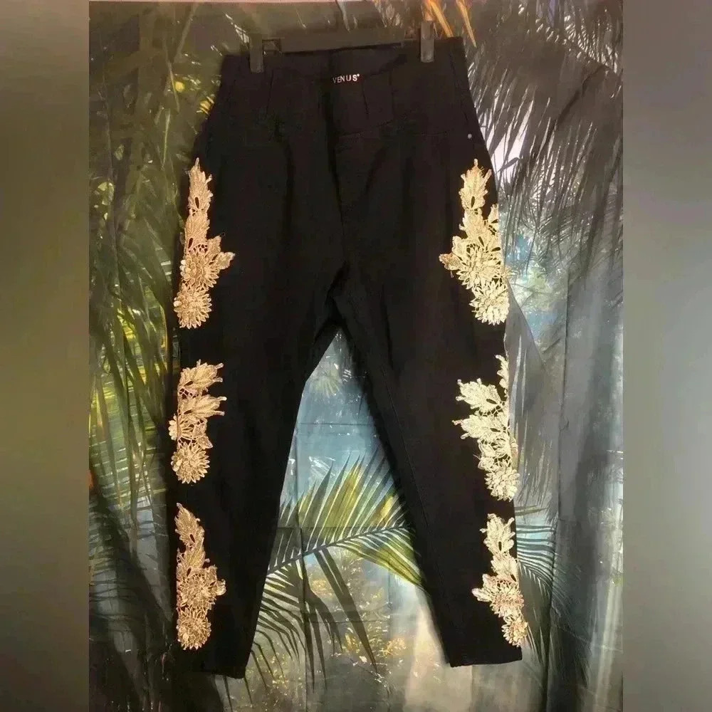 VENUS Black Embroidered Pants